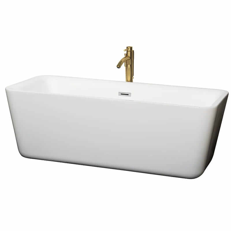 Emily 69" Freestanding Acrylic White Bathtub With Polished Chrome Trim and Brushed Gold Faucet Top Front View