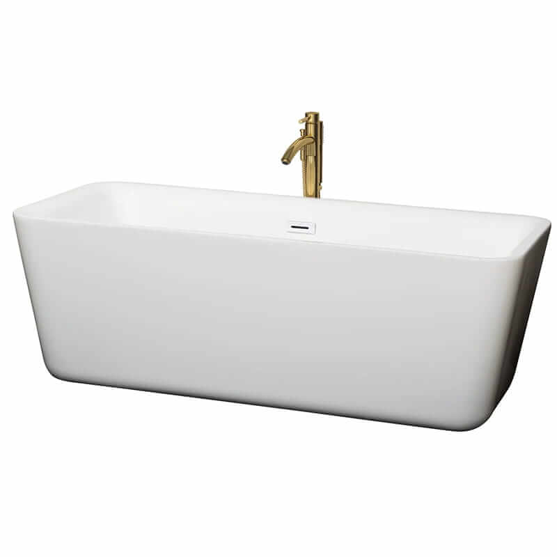 Emily 69" Freestanding Acrylic White Bathtub With Shiny White Trim and Brushed Gold Faucet Top Front View