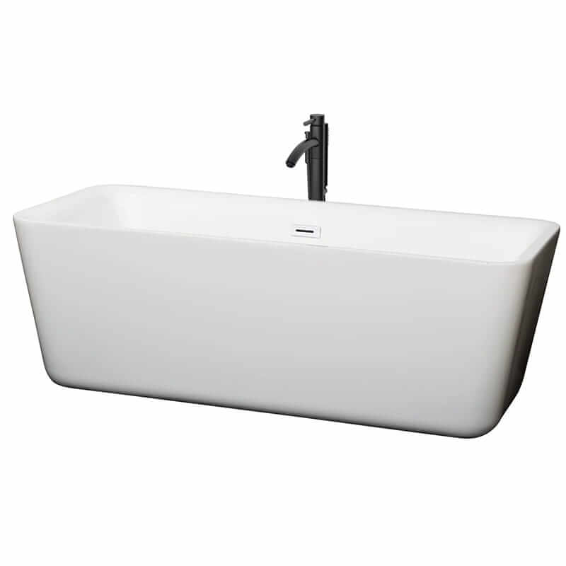 Emily 69" Freestanding Acrylic White Bathtub With Shiny White Trim and Matte Black Faucet Top Front View
