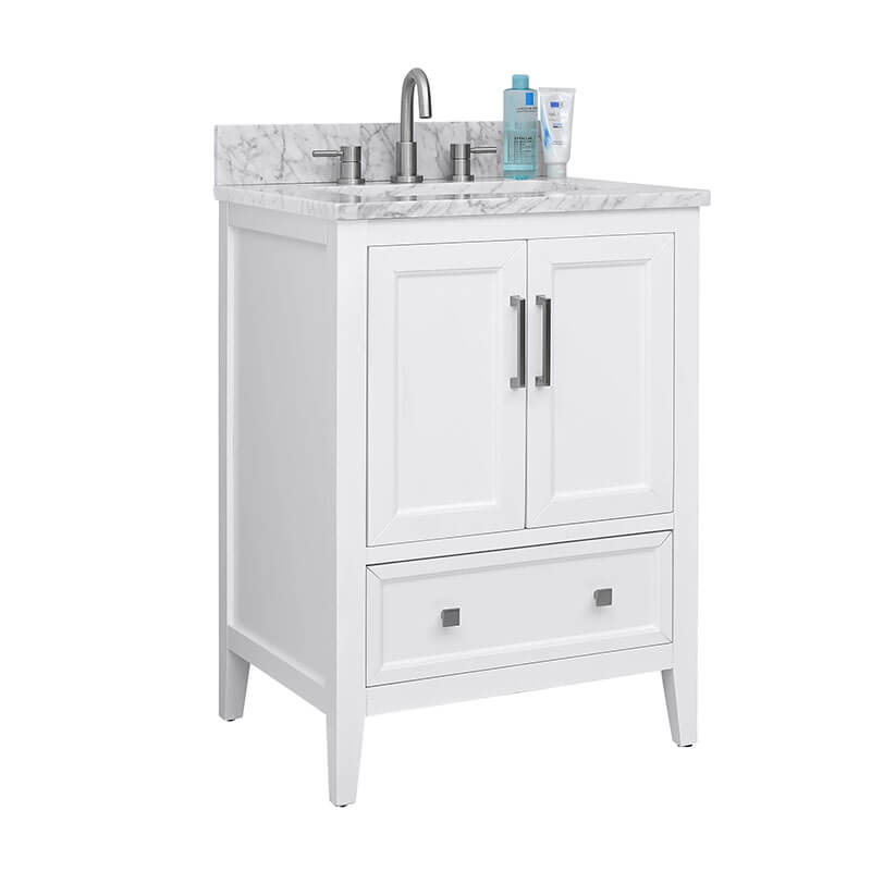 Everette 24 Single Vanity White in Carrara White Marble Corner View
