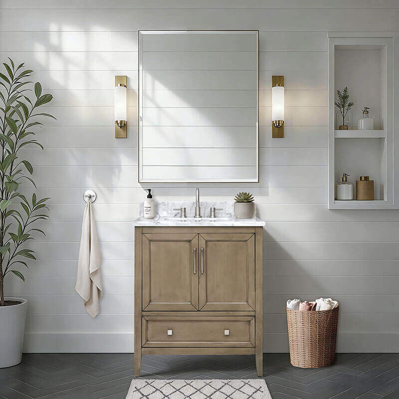 Everette 30 Single Vanity Gray Oak in Carrara White Marble Front View