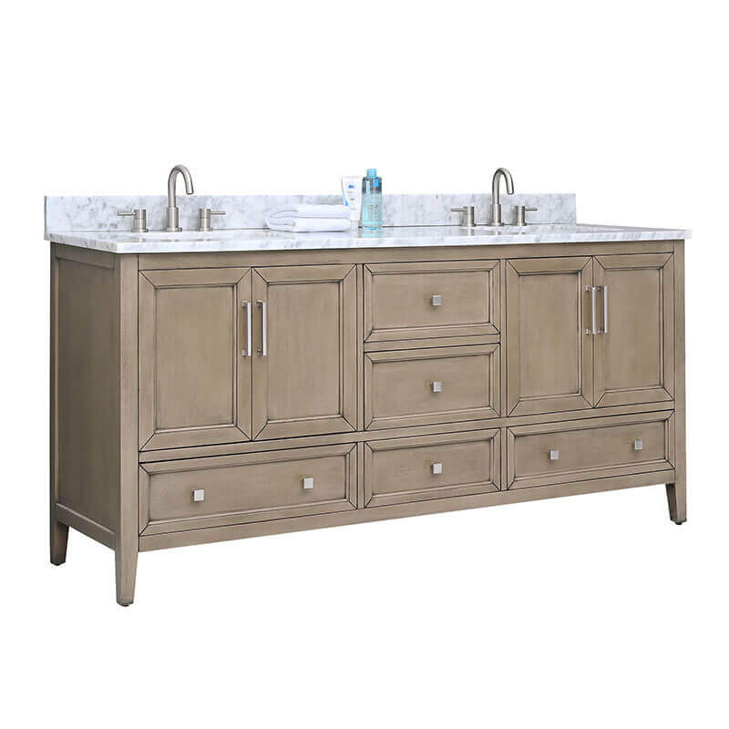Everette 72 Double Vanity Gray Oak in Carrara White Marble Corner View