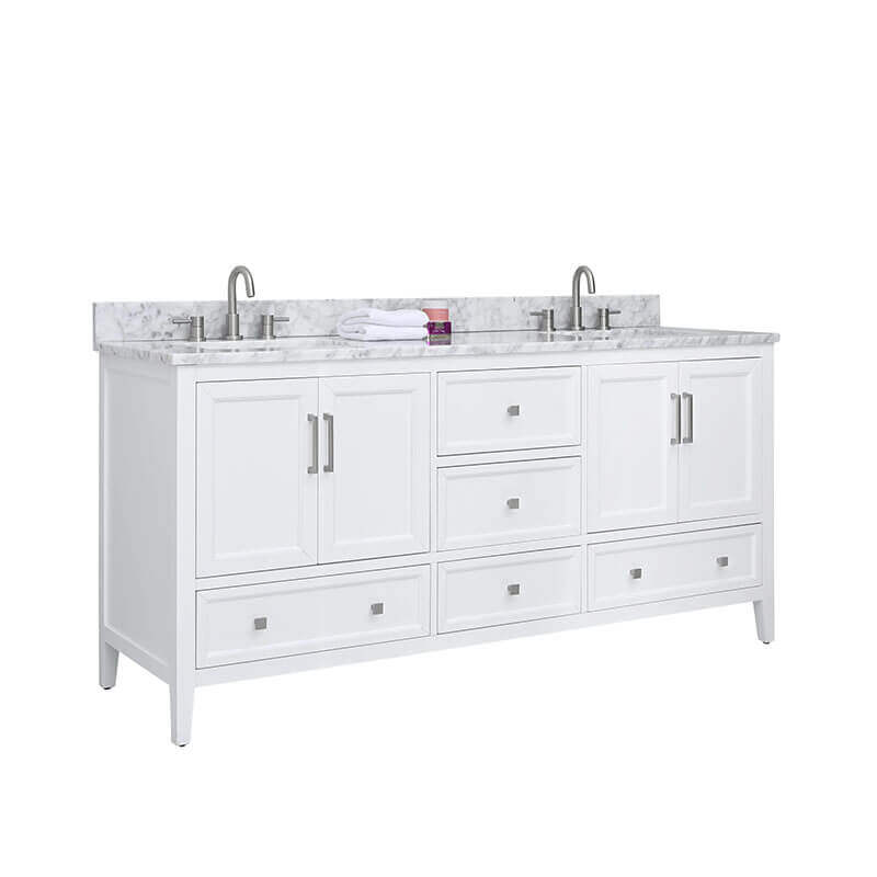 Everette 72 Double Vanity White in Carrara White Marble Corner View