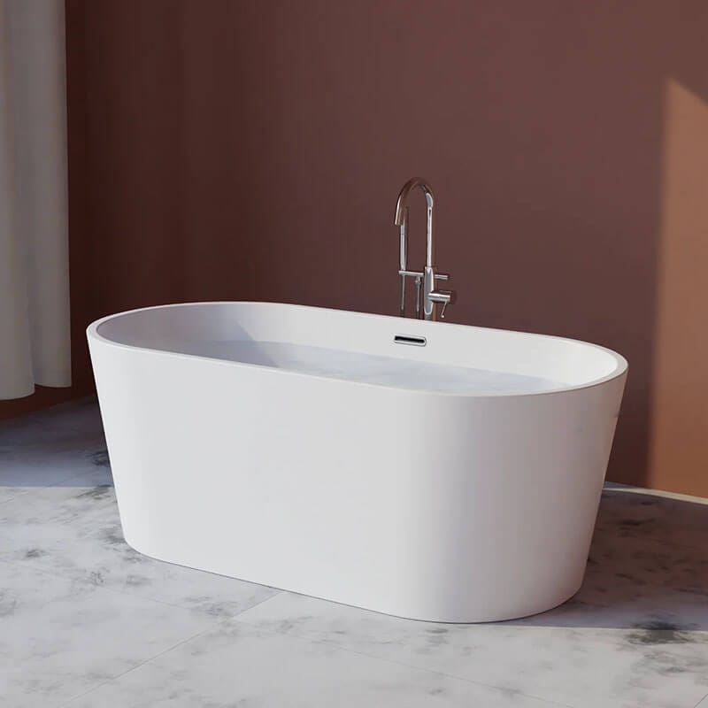 Flora F5930 59 x 30 Freestanding Acrylic Soaker Tub Central Chrome Fixture Corner View