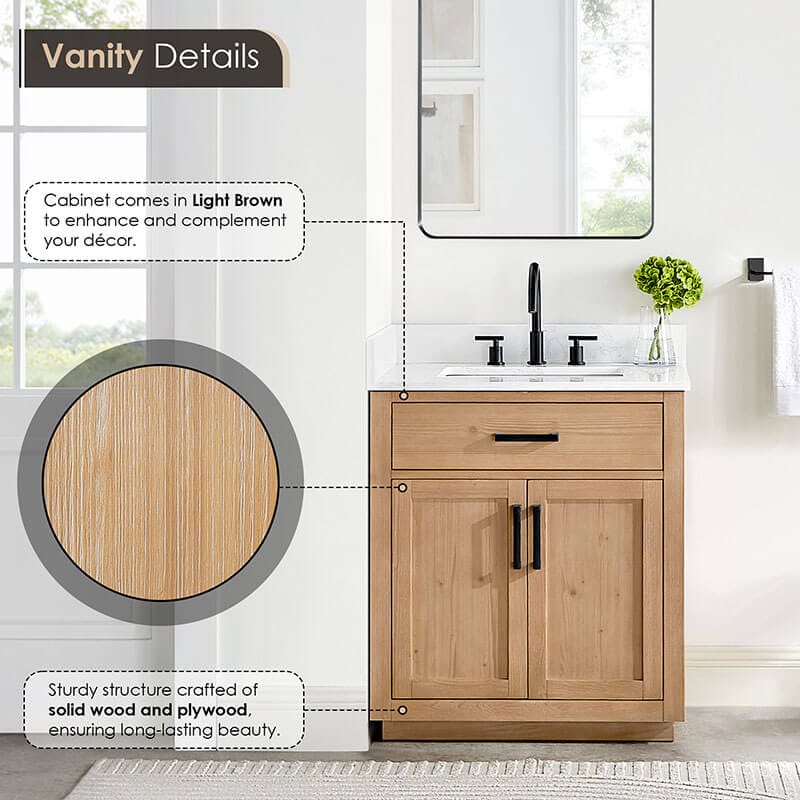 Gavino 30 inch Single Bathroom Vanity with Top Light Brown Details