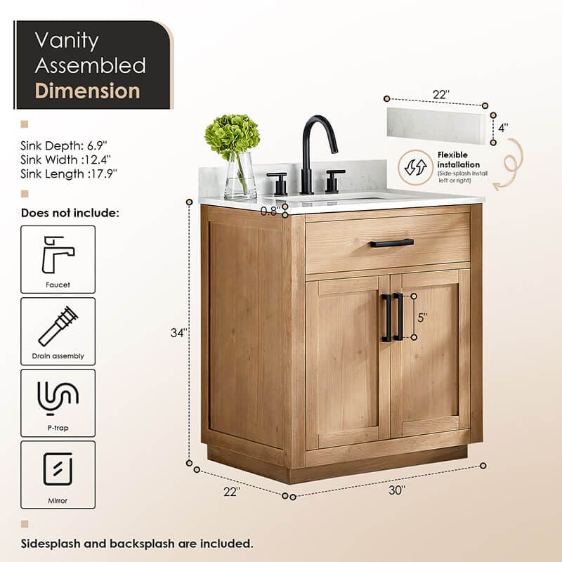 Gavino 30 Single Bathroom Vanity with Top Light Brown Dimensions