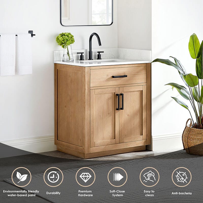 Gavino 30 Single Bathroom Vanity with Top Light Brown Features