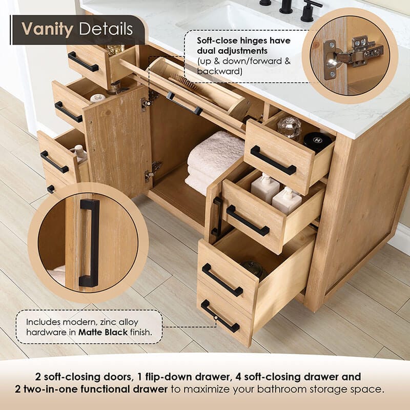 Gavino 42 inch Single Bathroom Vanity with Top Light Brown Drawer Detail