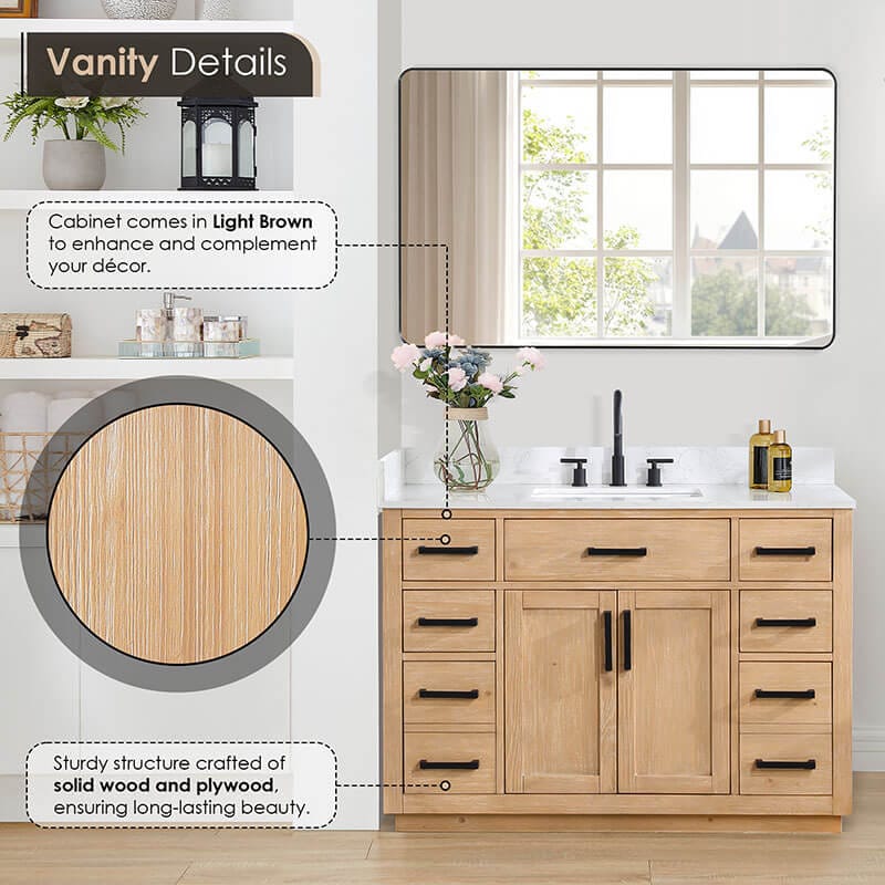 Gavino 48 inch Single Bathroom Vanity with Top Light Brown Front View