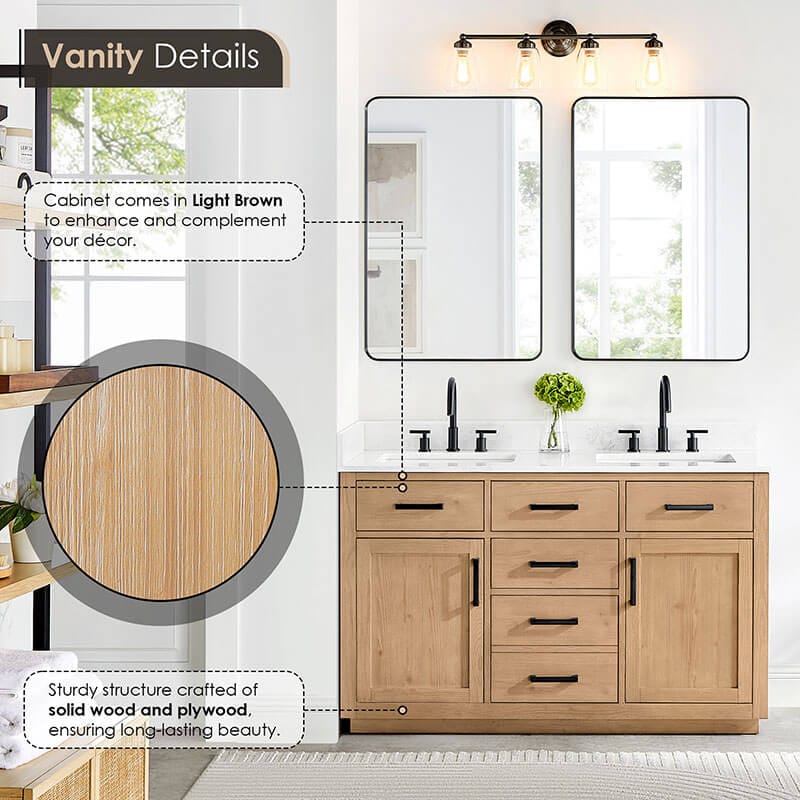 Gavino 54 Double Bathroom Vanity with Top Light Brown Cabinet Details