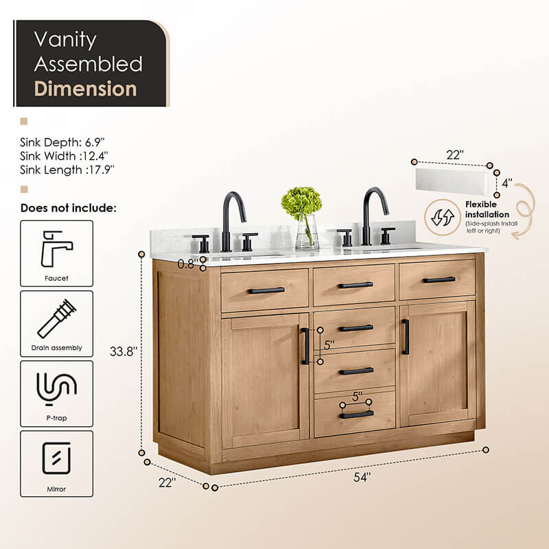 Gavino 54 Double Bathroom Vanity with Top Light Brown Dimensions