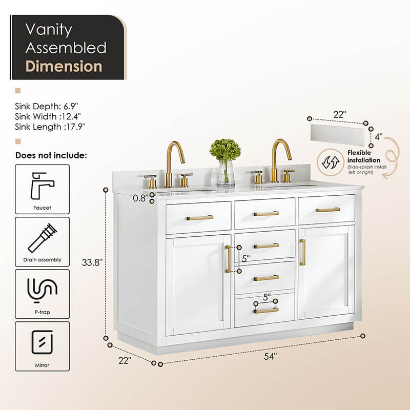 Gavino 54 Double Bathroom Vanity with Top White Dimensions