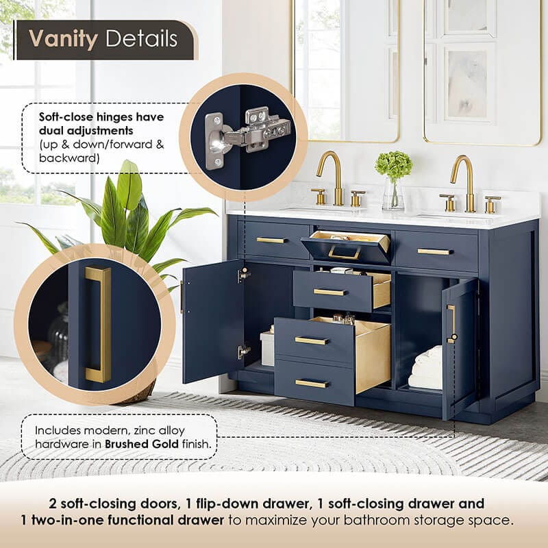 Gavino 54 inch Double Bathroom Vanity with Top Royal Blue Open Drawer