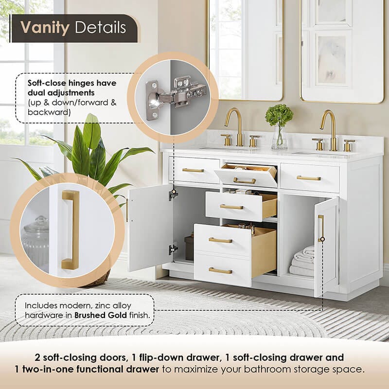 Gavino 54 inch Double Bathroom Vanity with Top White Drawer Detail