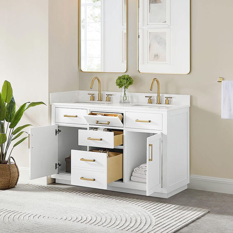 Gavino 54 inch Double Bathroom Vanity with Top White Open Drawer