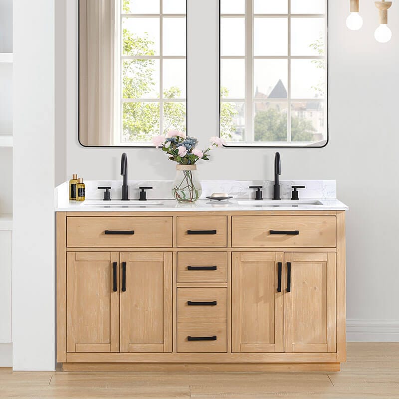 Gavino 60 Double Bathroom Vanity with Top Light Brown Front View