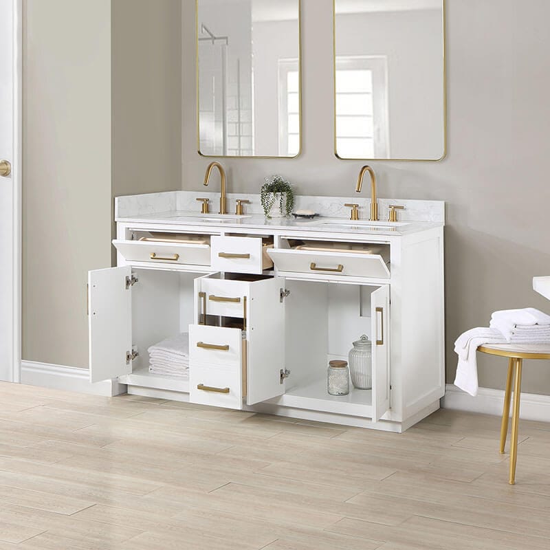 Gavino 60 inch Double Bathroom Vanity with Top White Open Drawer