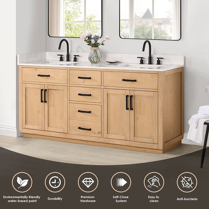 Gavino 72 inch Double Bathroom Vanity with Top Ligth Brown Features