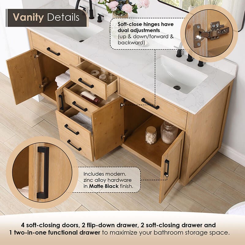 Gavino 72 inch Double Bathroom Vanity with Top Ligth Brown Hardware