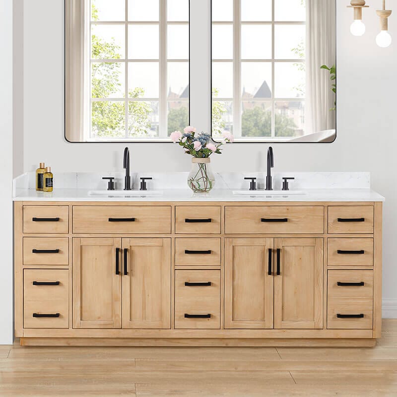 Gavino 84 Double Bathroom Vanity with Top Light Brown Front View
