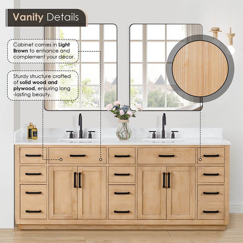 Gavino 84 inch Double Bathroom Vanity with Top Light Brown Front View Detail
