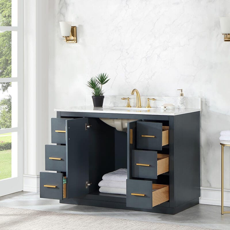 Gazsi 48 inch Single Bathroom Vanity with Top Charcoal Blue Open Drawer