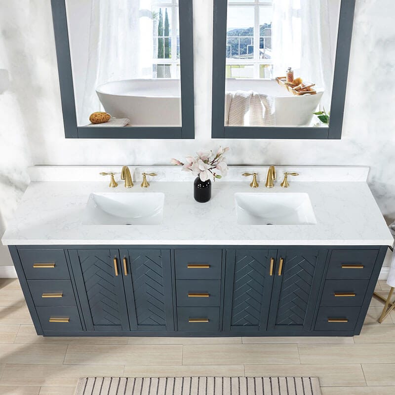 Gazsi 84 inch Double Bathroom Vanity with Top Classic Blue Front View Countertop