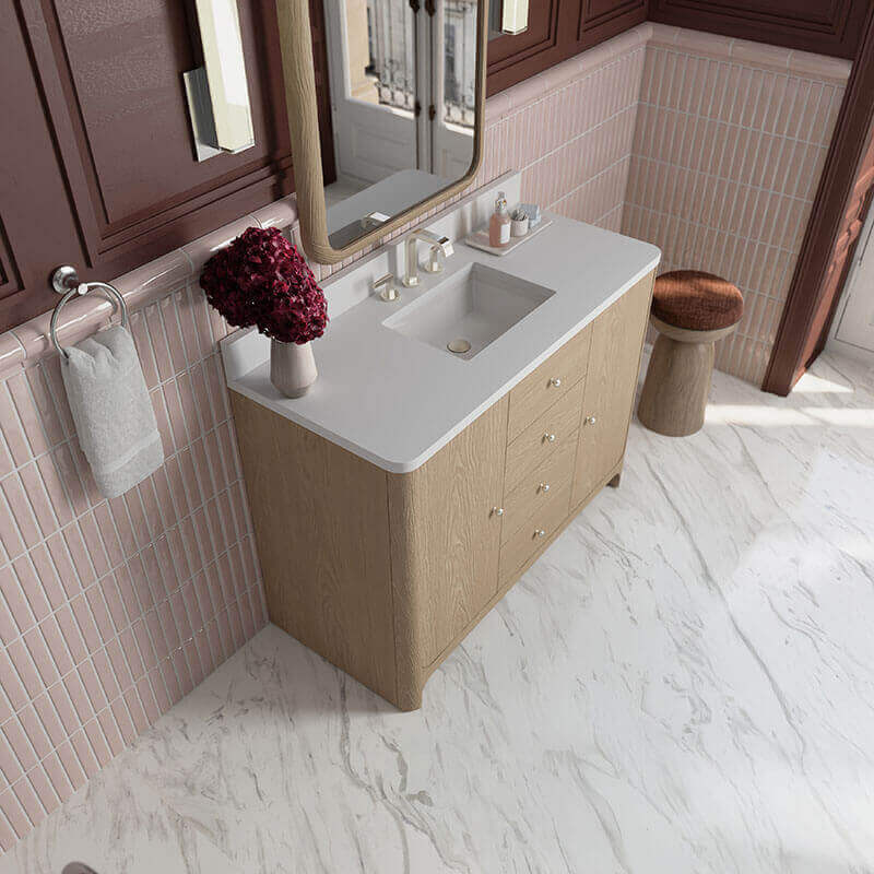 Gracyn 48 Inch Single Vanity Coastal Driftwood White Zeus Quartz Widespread Top