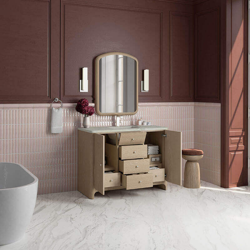 Gracyn 48 Single Vanity Coastal Driftwood Open Drawer