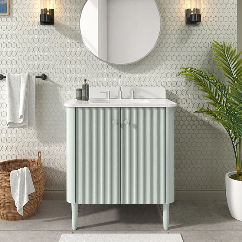Haley 30 inch Single Sink Bathroom Vanity with Dual Mount Option Soft Sage in White Engineered Stone Front View