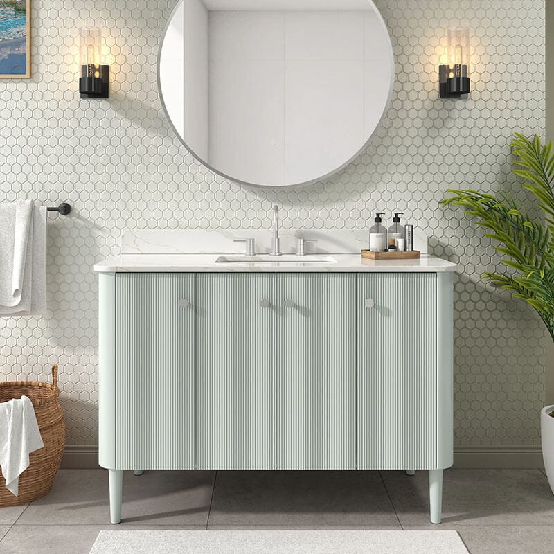 Haley 48 inch Single Sink Bathroom Vanity with Dual Mount Option Soft Sage in Calacatta Quartz Front View