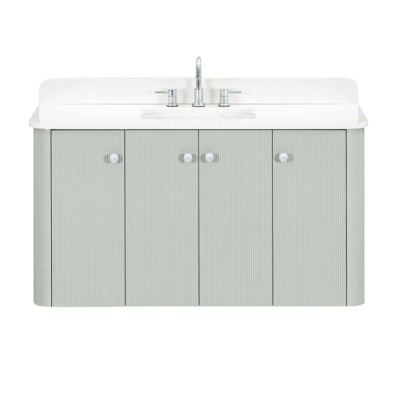 Haley 48 inch Single Sink Bathroom Vanity with Dual Mount Option Soft Sage in White Engineered Stone Floating Front View