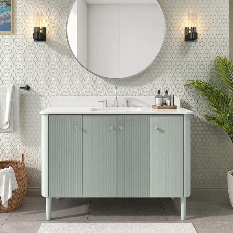 Haley 48 inch Single Sink Bathroom Vanity with Dual Mount Option Soft Sage in White Engineered Stone Front View