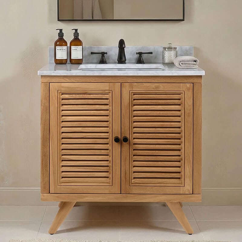Harper 30 inch Single Sink Teak Bathroom Vanity Natural Teak in Carrara White Marble Front View