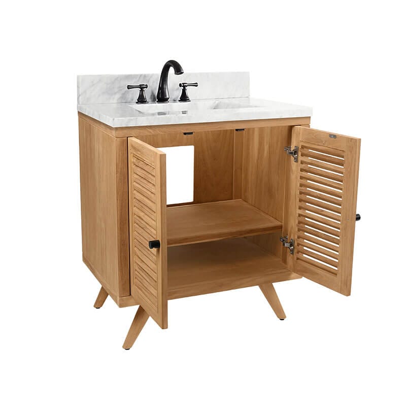 Harper 30 Single Sink Teak Bathroom Vanity Natural Teak in Carrara White Marble Corner View