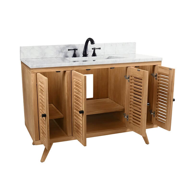 Harper 48 inch Single Sink Teak Bathroom Vanity Natural Teak in Carrara White Marble Corner View