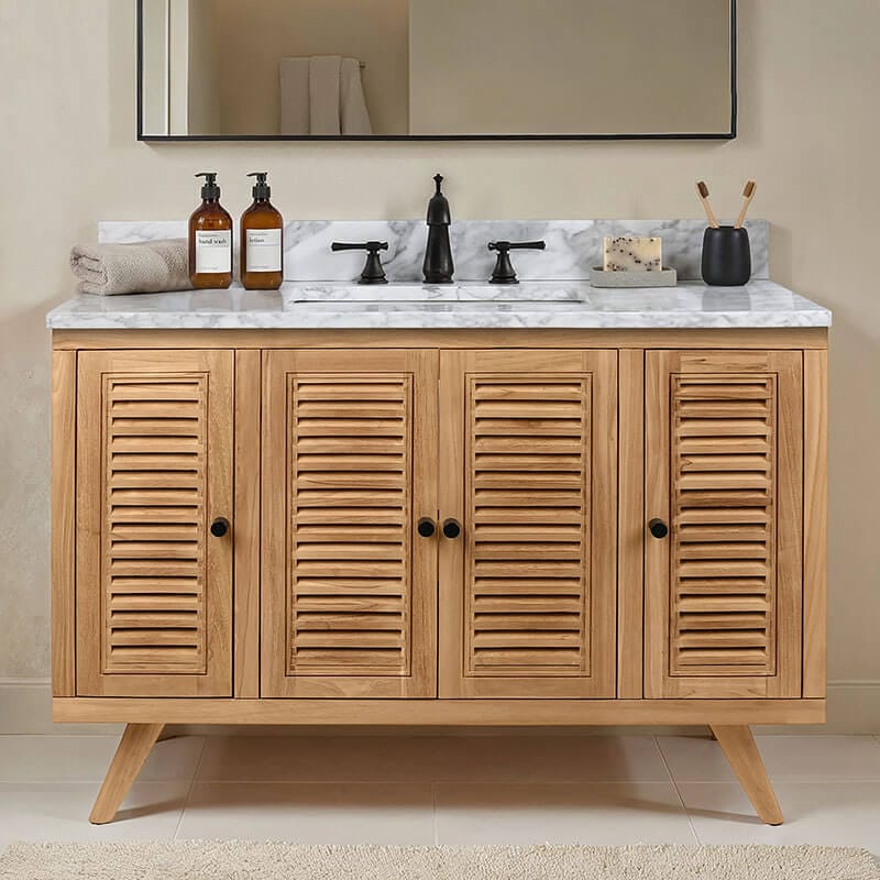 Harper 48 Single Sink Teak Bathroom Vanity Natural Teak in Carrara White Marble Front View