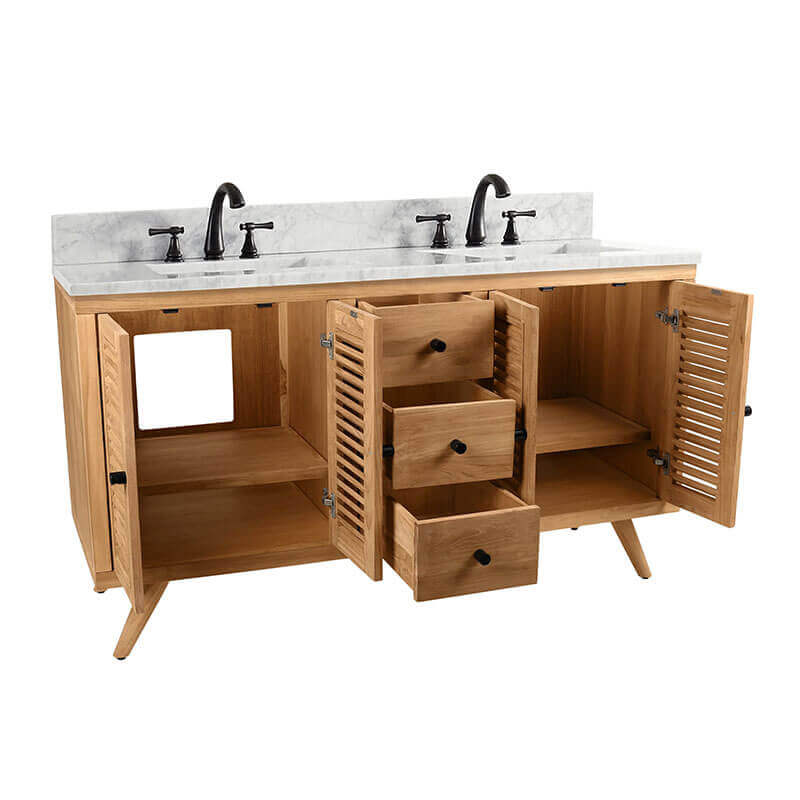 Harper 60 inch Double Sink Teak Bathroom Vanity Natural Teak in Carrara White Marble Corner View