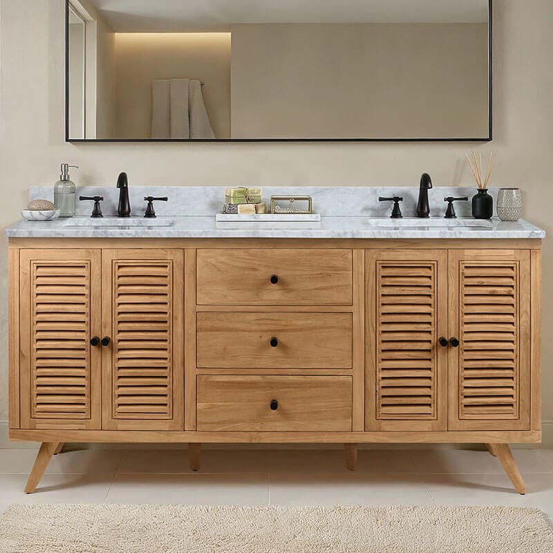 Harper 72 Double Sink Teak Bathroom Vanity Natural Teak in Carrara White Marble Front View