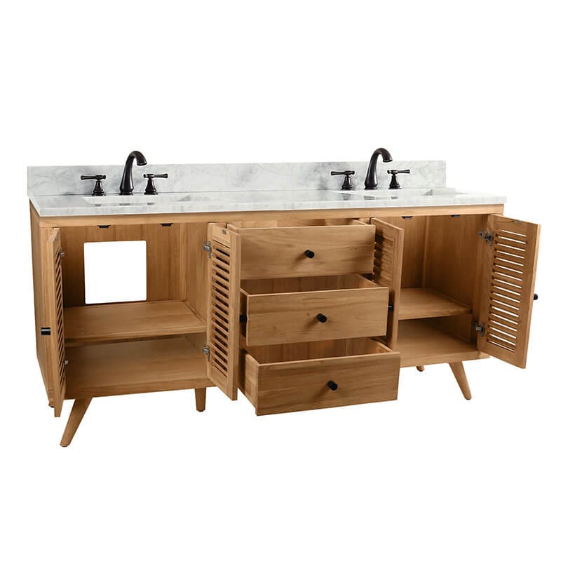 Harper 72 inch Double Sink Teak Bathroom Vanity Natural Teak in Carrara White Marble Corner View
