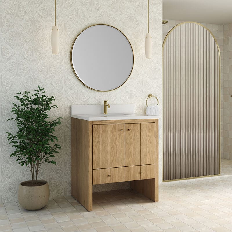 Hudson 30 Inch Single Vanity Natural Oak Corner View Bathroom Set Up