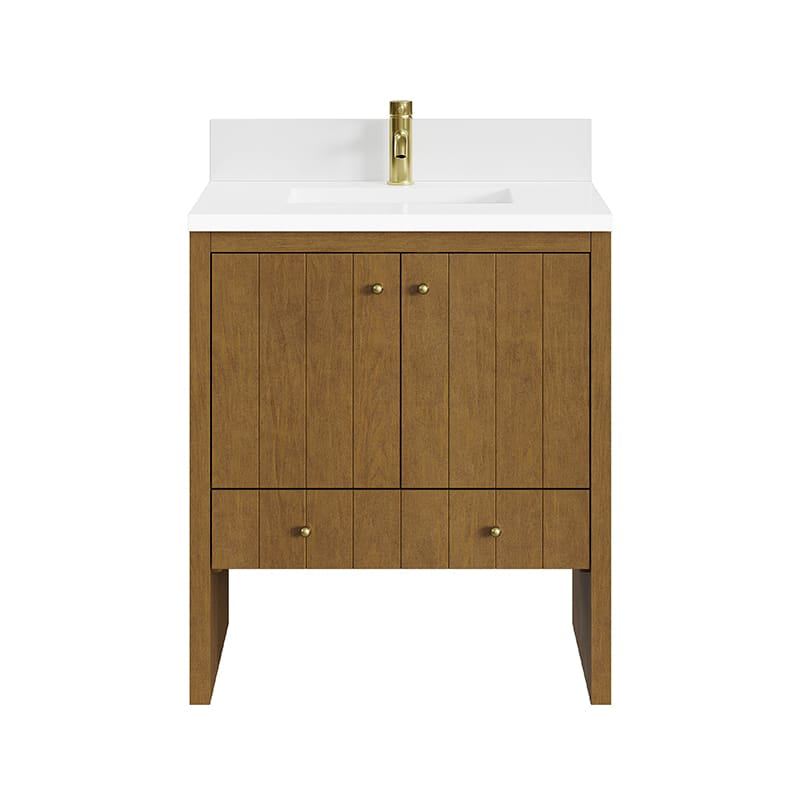 Hudson 30" Single Vanity in Honey Oak With Single Hole Faucet White Zeus Silestone Top Backsplash
