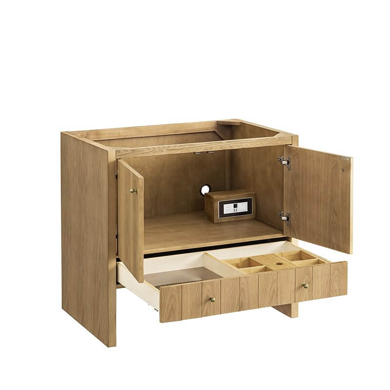 Hudson 36" Single Vanity in Light Natural Oak Corner View Open Drawers
