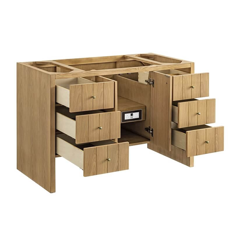 Hudson 48 Inch Single Vanity in Light Natural Oak Corner View Open Drawers