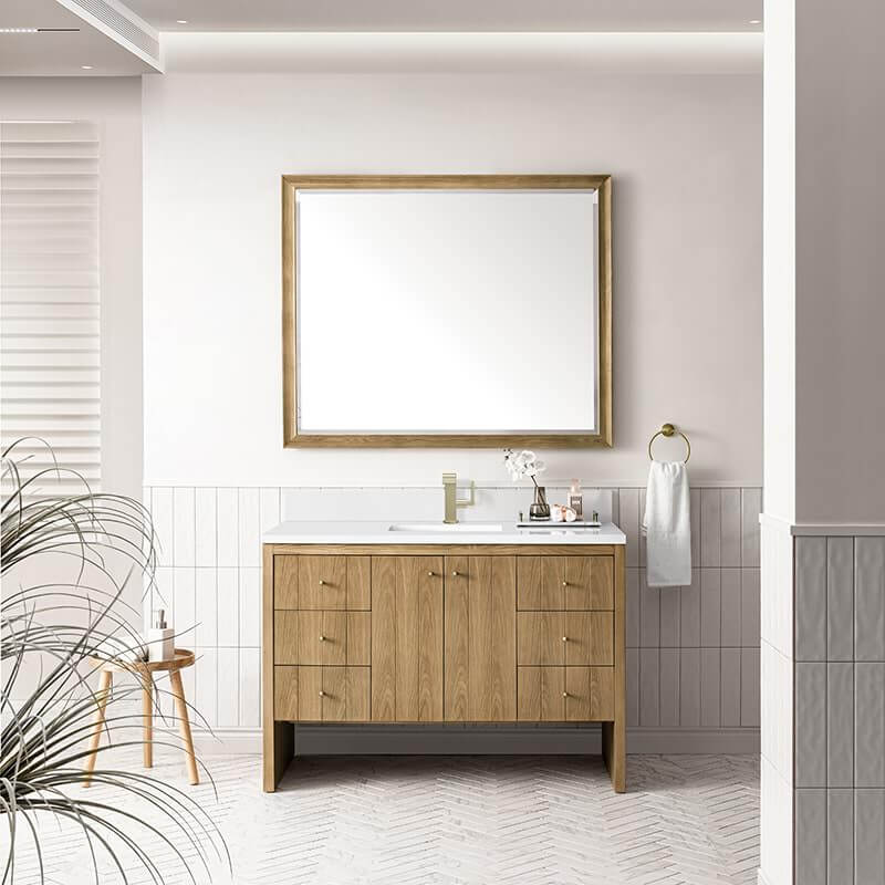 Hudson 48 Inch Single Vanity in Light Natural Oak With Single Hole Faucet White Zeus Top Backsplash