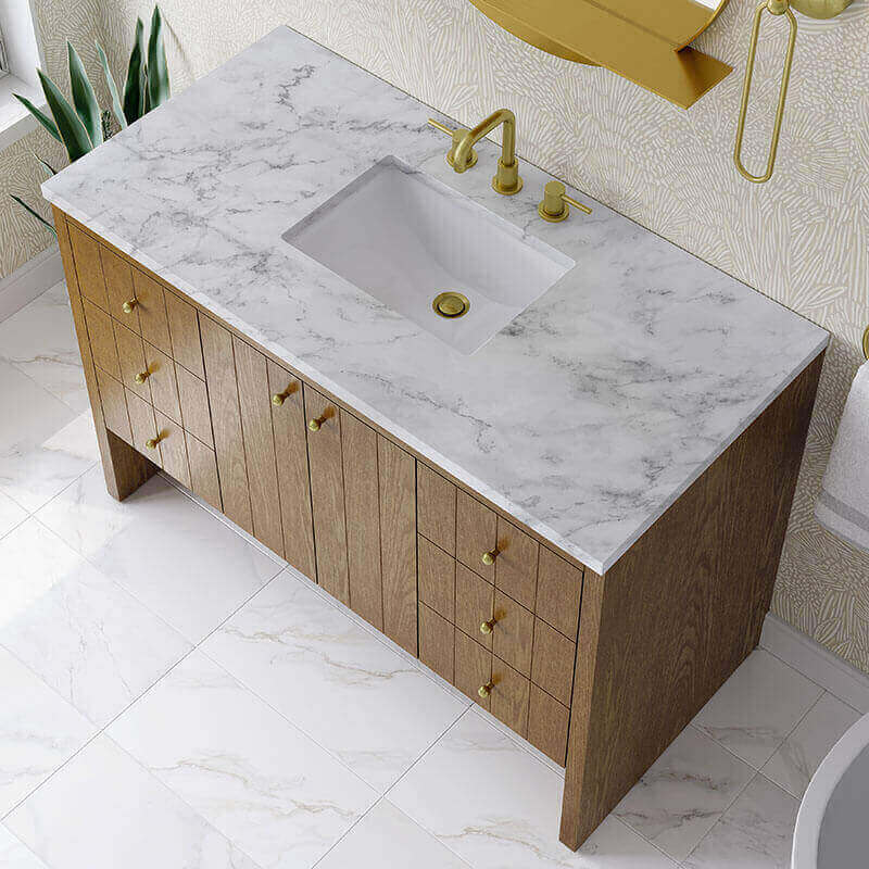Hudson 48 Single Vanity Honey Oak in Carrara Marble Top