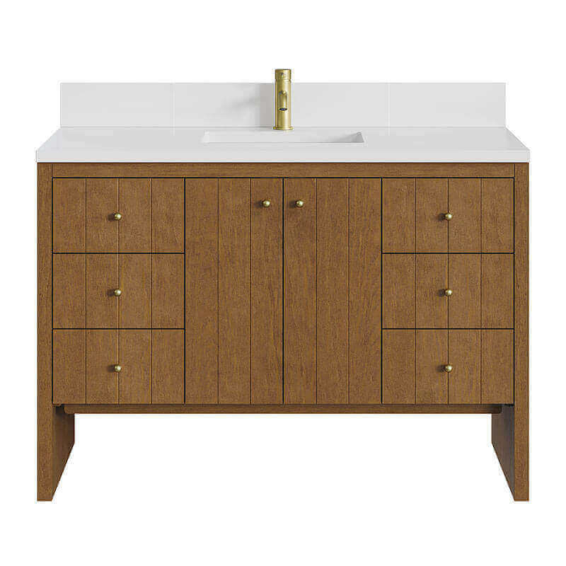 Hudson 48 Single Vanity Honey Oak in Single Hole Faucet White Zeus Silestone Top & Backsplash