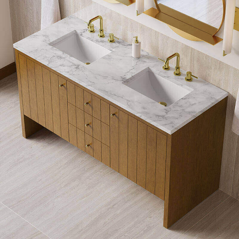 Hudson 60 Double Vanity Honey Oak in Carrara Marble Top