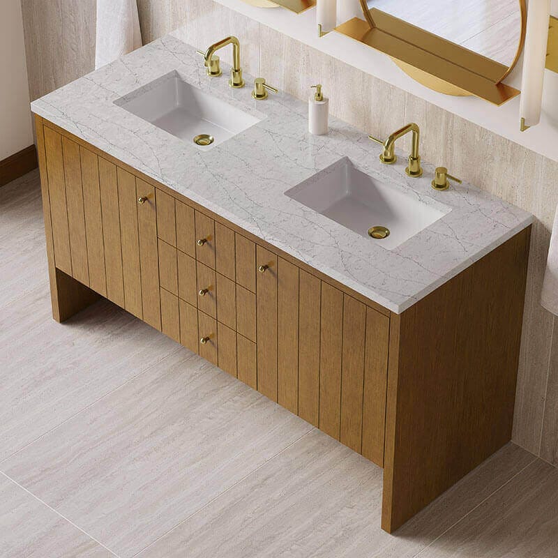 Hudson 60 Double Vanity Honey Oak in Eternal Jasmine Pearl Silestone Top
