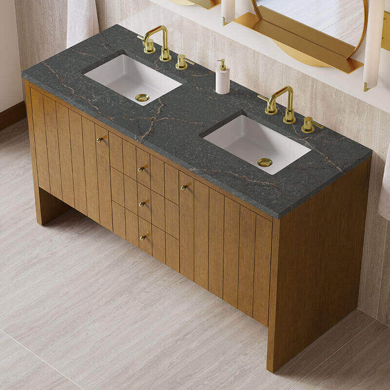 Hudson 60 Double Vanity Honey Oak in Parisien Bleu Silestone Top